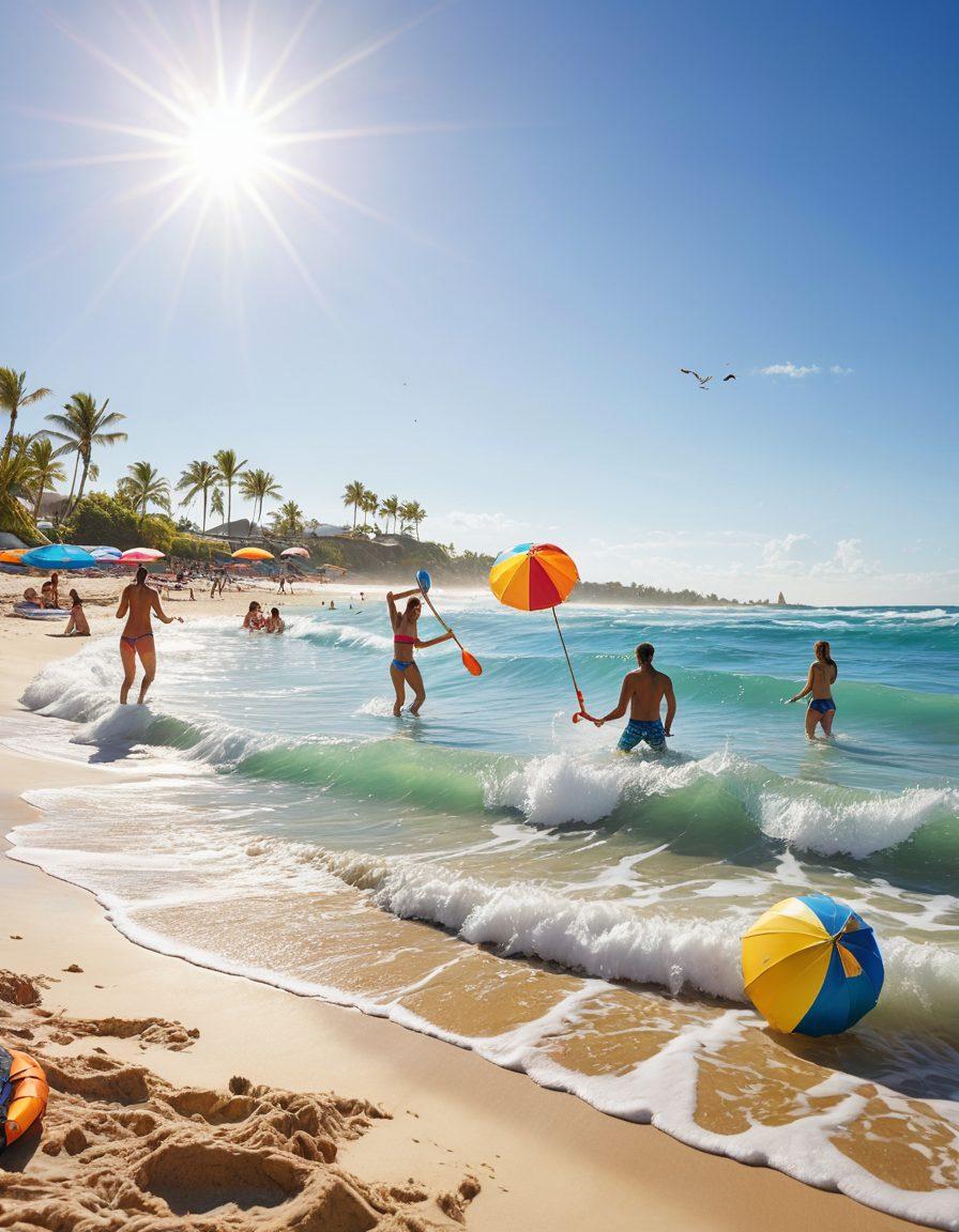 A vibrant beach scene featuring a diverse group of people of all ages joyfully engaging in various games and water sports. Include children splashing in the waves, teens playing beach volleyball, and adults kayaking nearby. The backdrop should showcase a sunny sky, sparkling blue water, and colorful beach umbrellas. Bright, energetic colors to evoke a sense of fun and adventure. super-realistic. vibrant colors. white background.