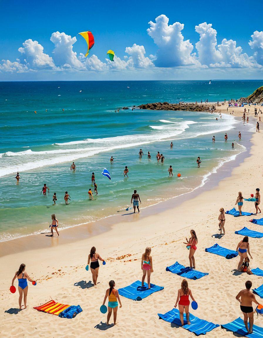A vibrant beach scene showcasing colorful swimsuits on a sandy shore, with playful beach games like frisbee and beach volleyball happening in the background. Children building sandcastles and flying kites under a bright blue sky, with a glimmering ocean creating an inviting atmosphere. Incorporate elements of laughter and joy, emphasizing summer fun. super-realistic. vibrant colors. sunny ambiance.