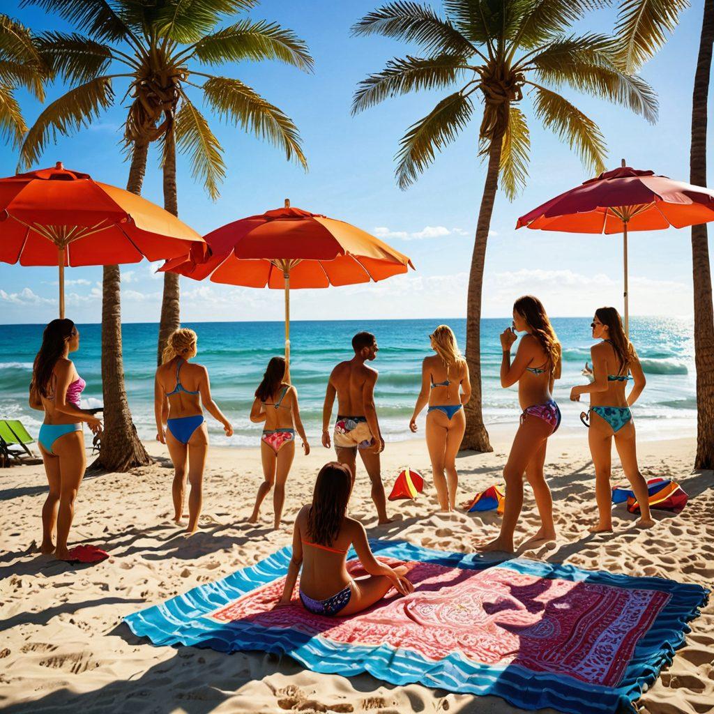 A vibrant beach scene filled with colorful beach fashion outfits hanging on sun umbrellas, people playing beach volleyball, a group of friends lounging on beach towels, and children splashing in the water. In the background, a beautiful sunset casts a warm glow over the ocean waves, adding a sense of summer fun. The overall mood is lively and inviting, perfect for a summer getaway. super-realistic. vibrant colors. sunlight reflections on water.